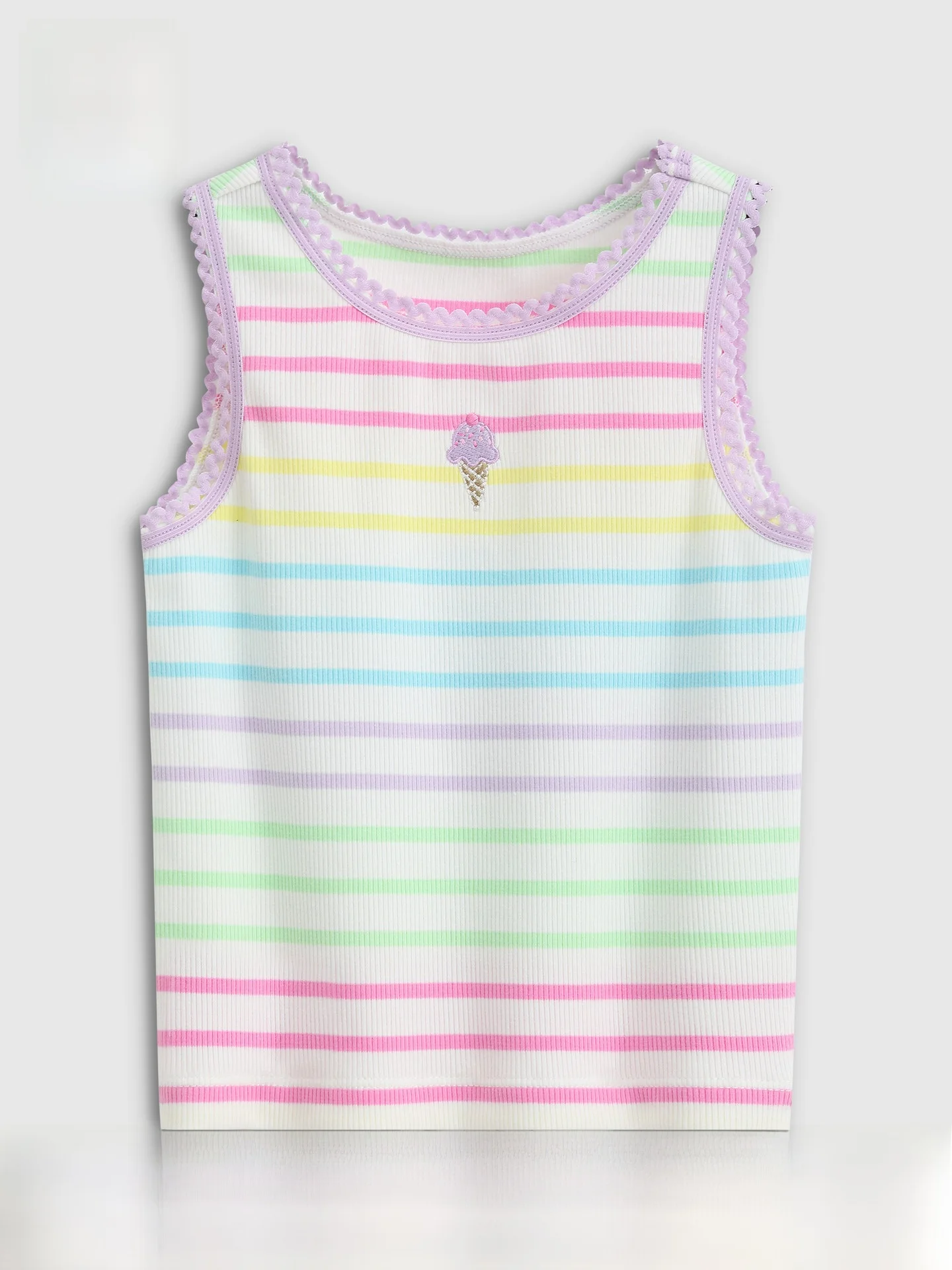 girls-summer-2026-no-sleeve-embroidered-ice-cream-ruffle-trim-vest-children's-clothing-cotton-blend-comfortable-inner-wear