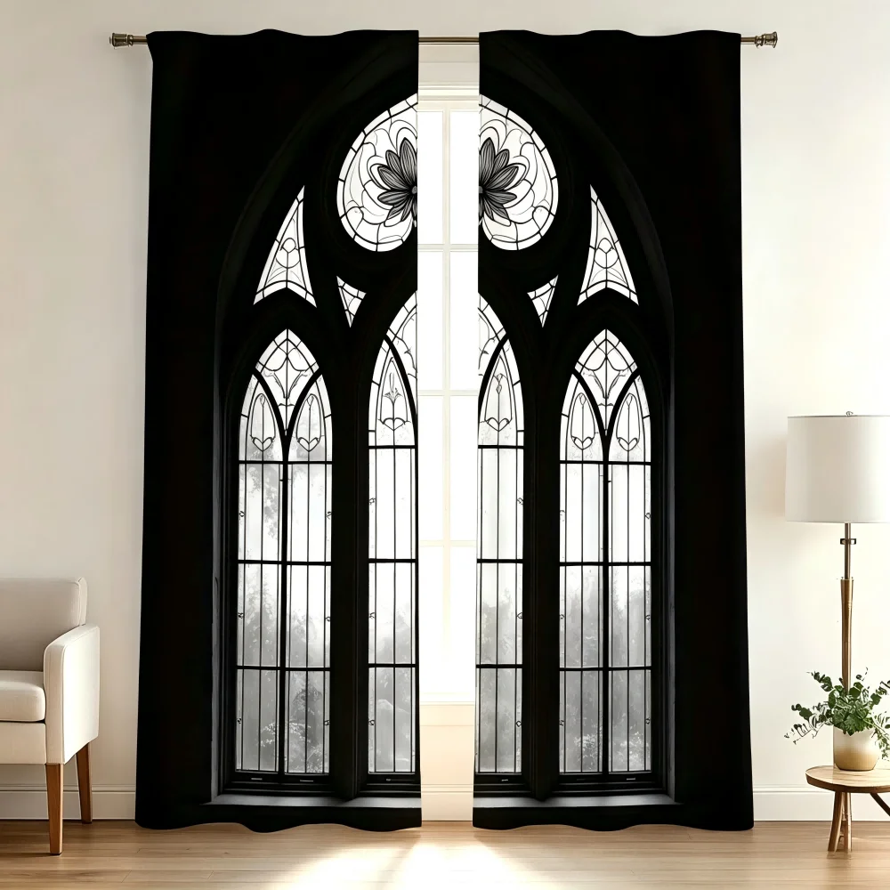 2PCS Digital Printed Curtain, Gothic Cathedral Church Window Pattern, Dark Gothic Style Window Drapes for Bedroom Living Room