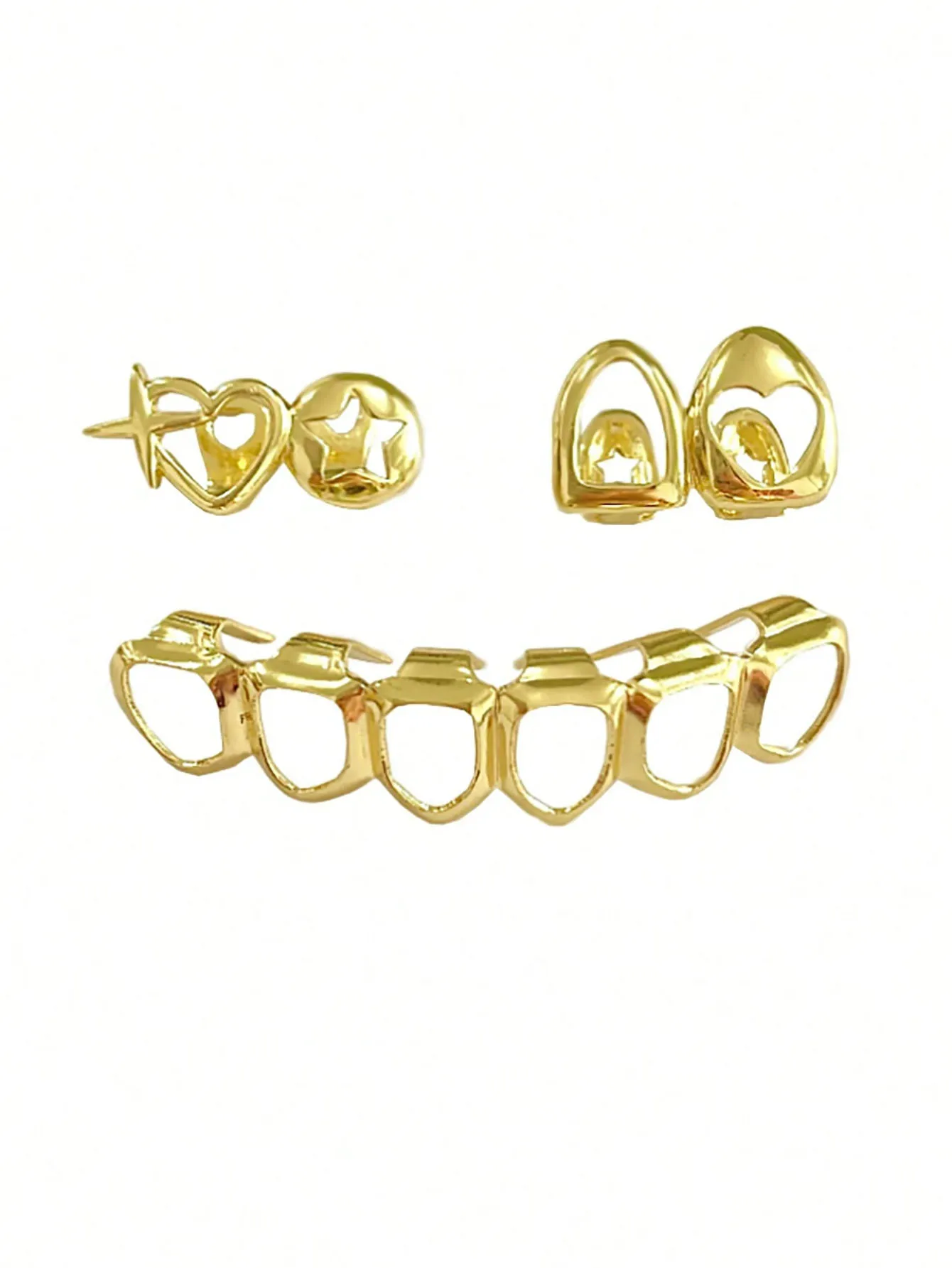 A Set Of Fashionable Tooth Decorations With Hollowed-Out Heart-Shaped Stars Paired With Hip-Hop Party Daily Street Decorations