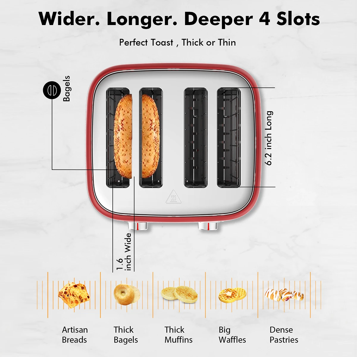 Torradeira de 4 fatias, ranhuras extra largas, torradeiras retrô de aço inoxidável, 6 opções de curvatura, desligamento automático e função congelada, vermelho