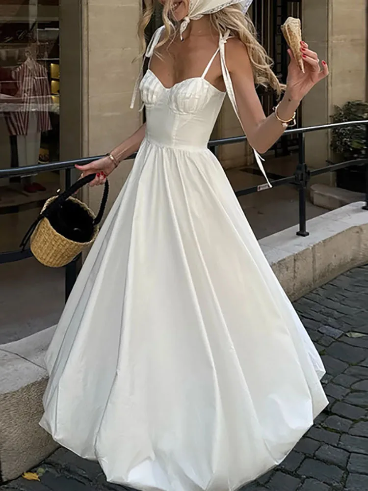 

Французское сексуальное длинное платье без бретелек с кружевными завязками, женское весеннее однотонное платье с завышенной талией, расклешенное, для вечеринок, без рукавов, летнее платье