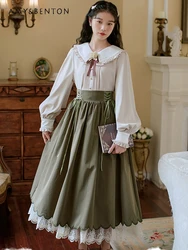 Spring Autumn New Elegant Retro Peter Pan Collar Lantern Sleeve Shirt Cross Tied High Waist Mid-Length Skirt Two-Piece Set Women