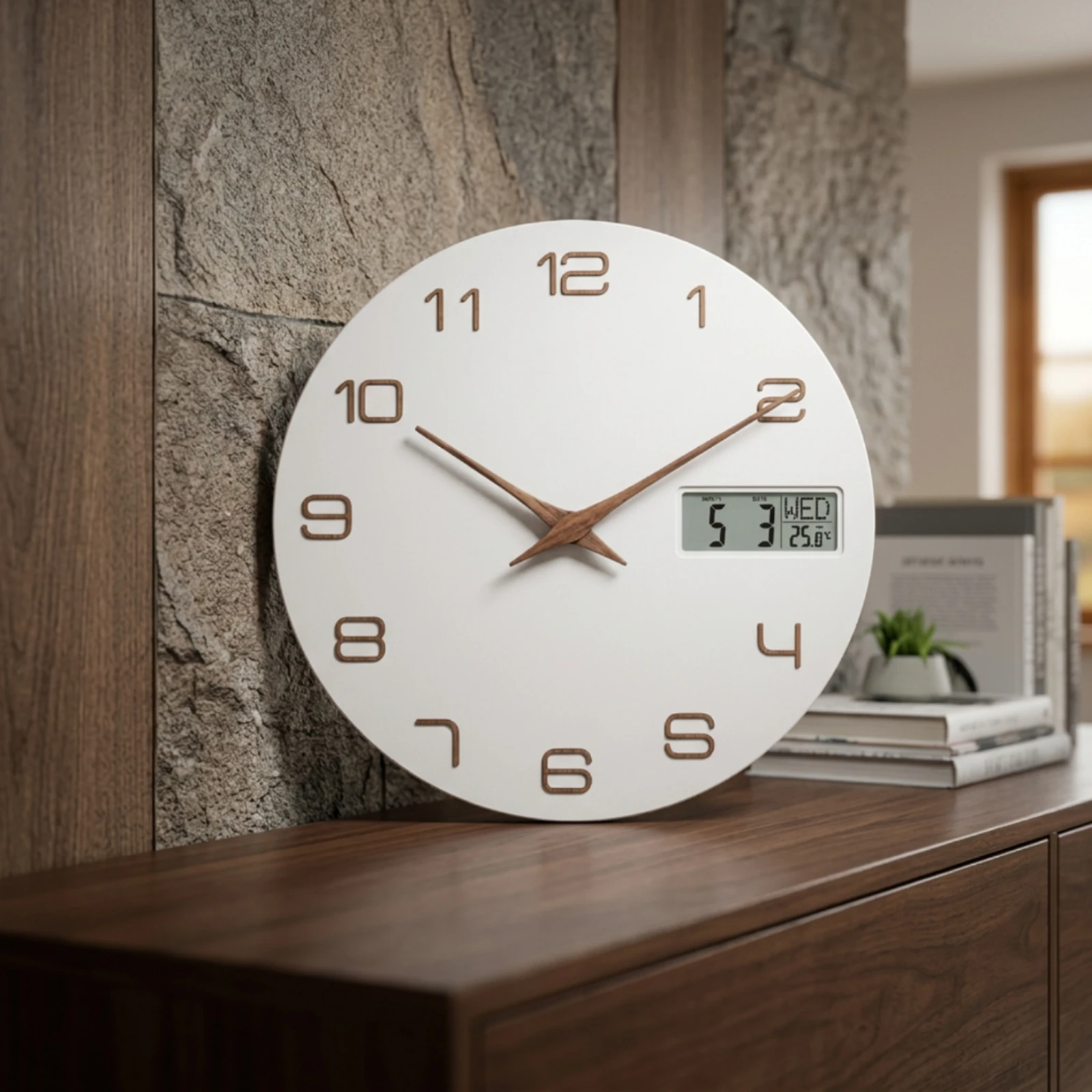 Wall Clock with LCD Display 12 Inch Wall Clock with Temperature Display 30 Cm Linen-Textured for Living Room, Bedroom