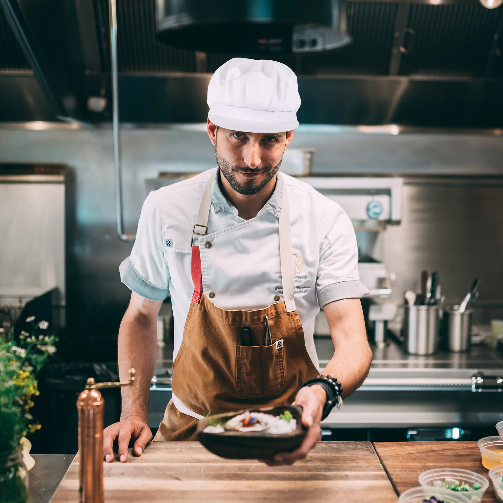 Chapéu de chef reutilizável, alta elasticidade, corda traseira, boné de cozinha, respirável, para uso em restaurante, chapéu de trabalho