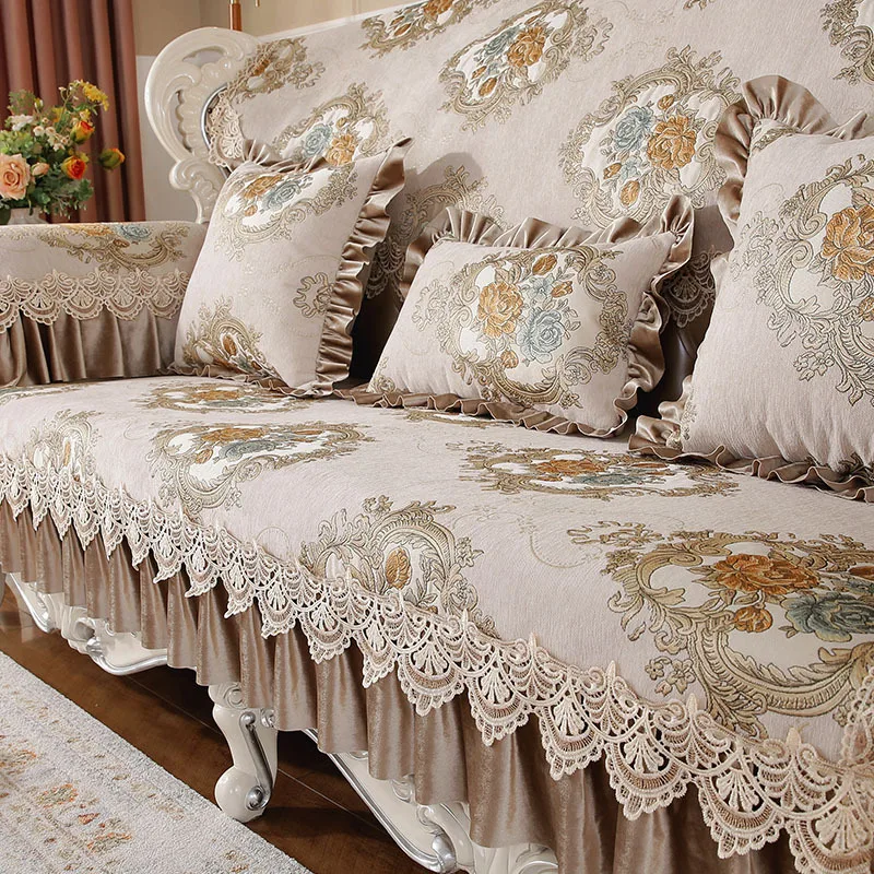 Retro Chenille Jacquard Fabric Sofa Cover 1 2 3 Seater Floral Pattern Slipcover Four Seasons Universal Couch Cover Armrest Towel