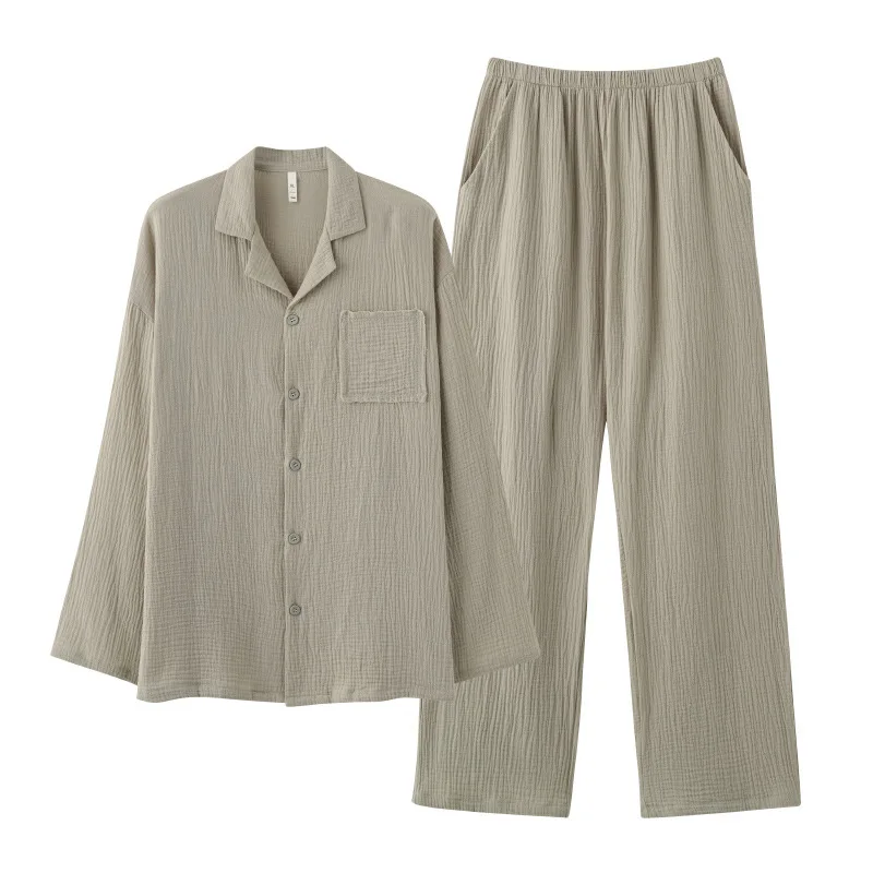 Men's Pure Cotton Pajamas Spring Autumn Woven Gauze Long Sleeve Thin Set Winter Comfortable Loungewear