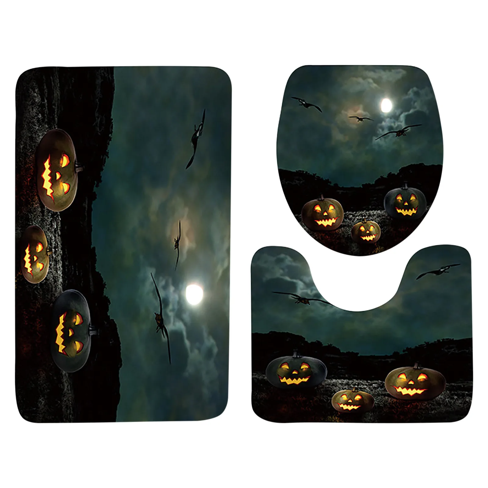 3pcs Anti Slip Mat Set Halloween Theme Carpet Suit Cartoon Absorbent Floor Mat Kitchen Living Room Bathroom Toliet Laundry Room