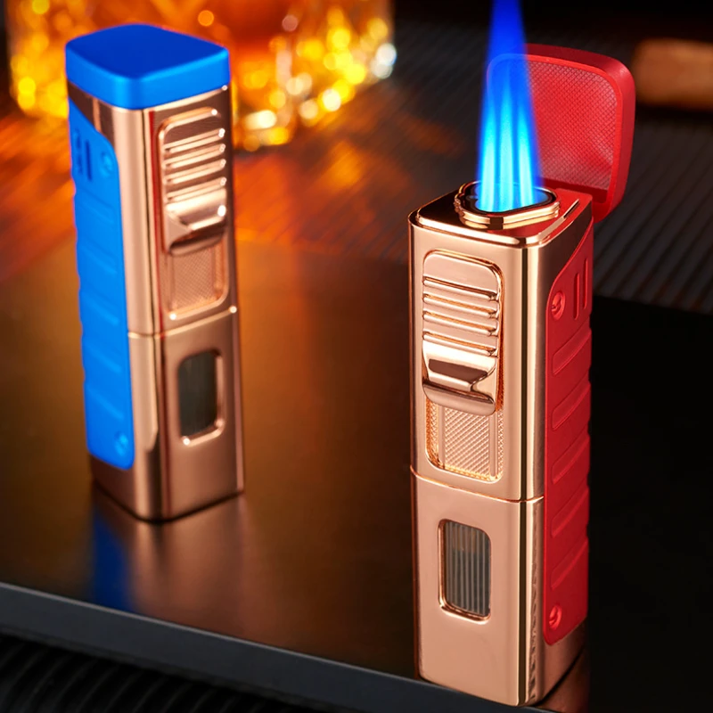 New Metal Windproof Direct Lighter Cigar Blue Flame 3 Jet Torch Gas Butane Cigar Lighters Chamber Smoking Accessories Man Gift