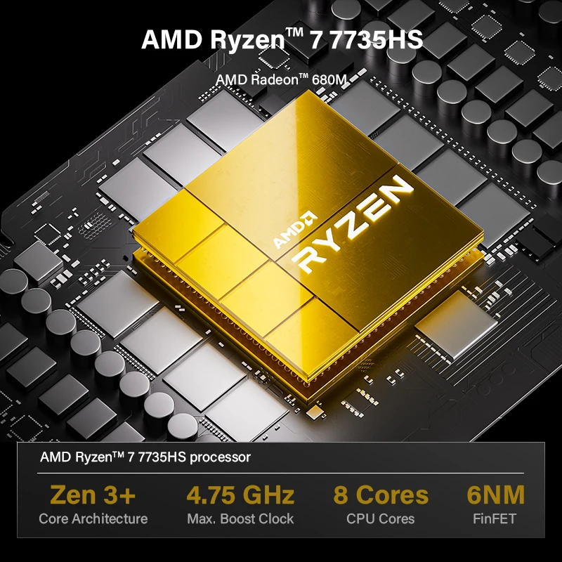 Maxtang Computador Gaming PC AMD Ryzen 7 7735HS 8 Núcleos Triplo Display DDR5 Mini PC Gamer WIFI6 Windows 11 Pro