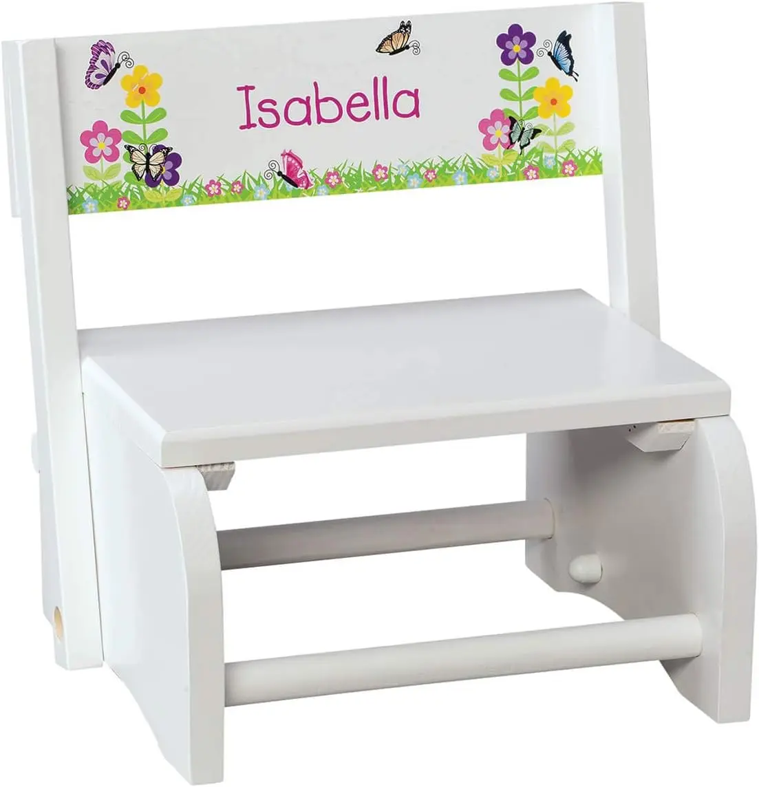 

Personalized Children'S 2-In-1 Step Stool And Chair, White Wood, Butterfly & Flower Design With Custom Name