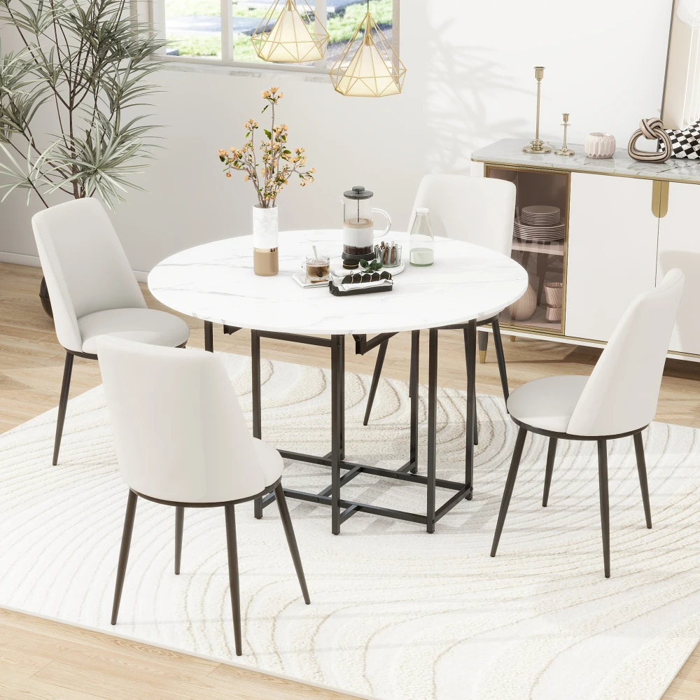 

5-piece extendable kitchen dining table set, circular imitation marble tabletop, black frame, 4 cushioned chairs, white+beige