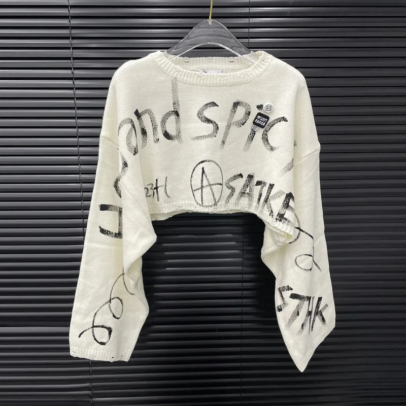 HKSH Autunno Nuove Donne Maglione Corto Lettera Stampata O-Collo Pullover a Maniche Lunghe Elegante High Street Elegante Top Lavorato a Maglia HK10089