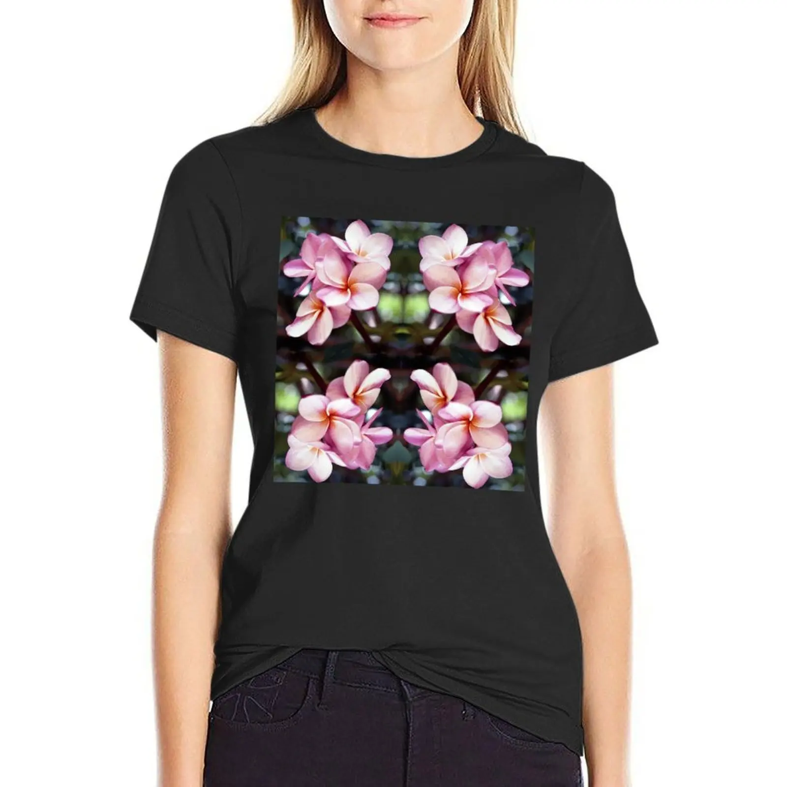 Pink Plumeria Blossoms Bouquet Kaleidoscope Collage T-Shirt funnys kawaii clothes Women's summer blouses 2024