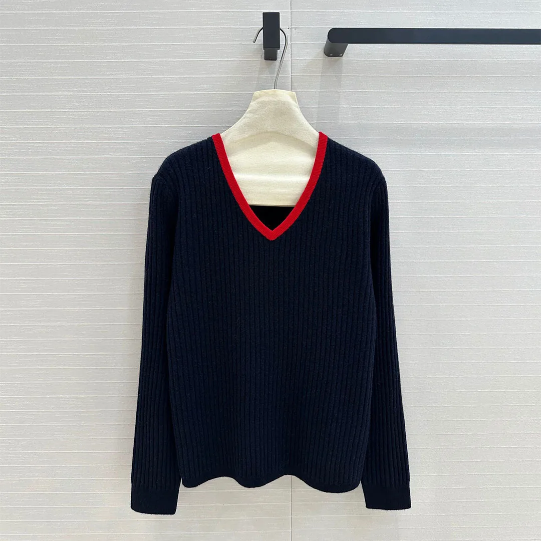 Contast Color V-neck Long Sleeve Navy Color Knitted Jumper Women Casual Cashmere Preppy Style Pullover Sweet Sweater