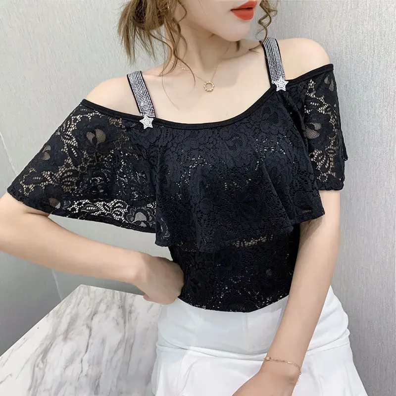 Summer New Hollow Out Off Shoulder Slim Tops Tees Solid Color Lace Patchwork Office T Shirts Elegant Fashion Women Clothing