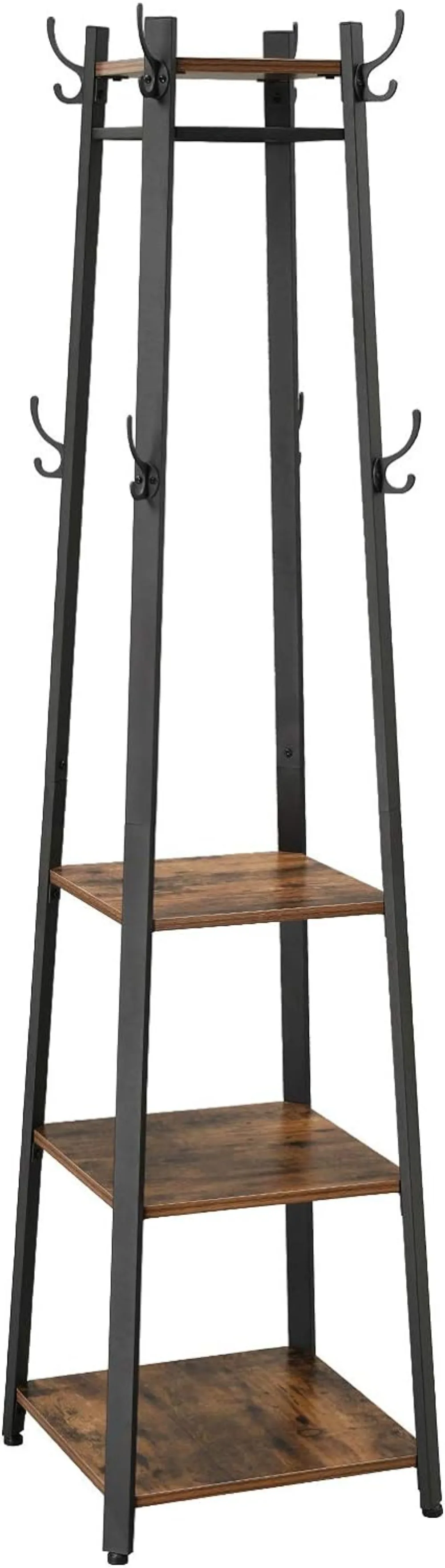 VASAGLE ALINRU Coat Rack with 3 Shelves, Stand with Hooks for Scarves, Bags and Umbrellas, Steel Frame, Industrial Style, Rustic