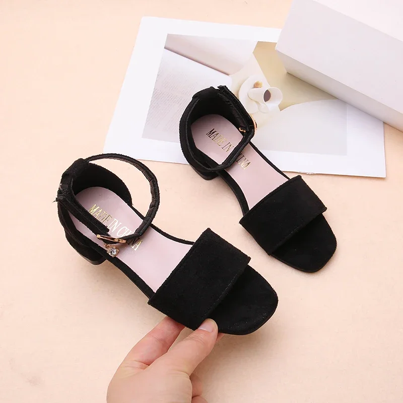 Summer Girl Black School Sandals Fashion Formal Children Uniform Sandals Non-slip Kids Performance Princess High Heels Versatile