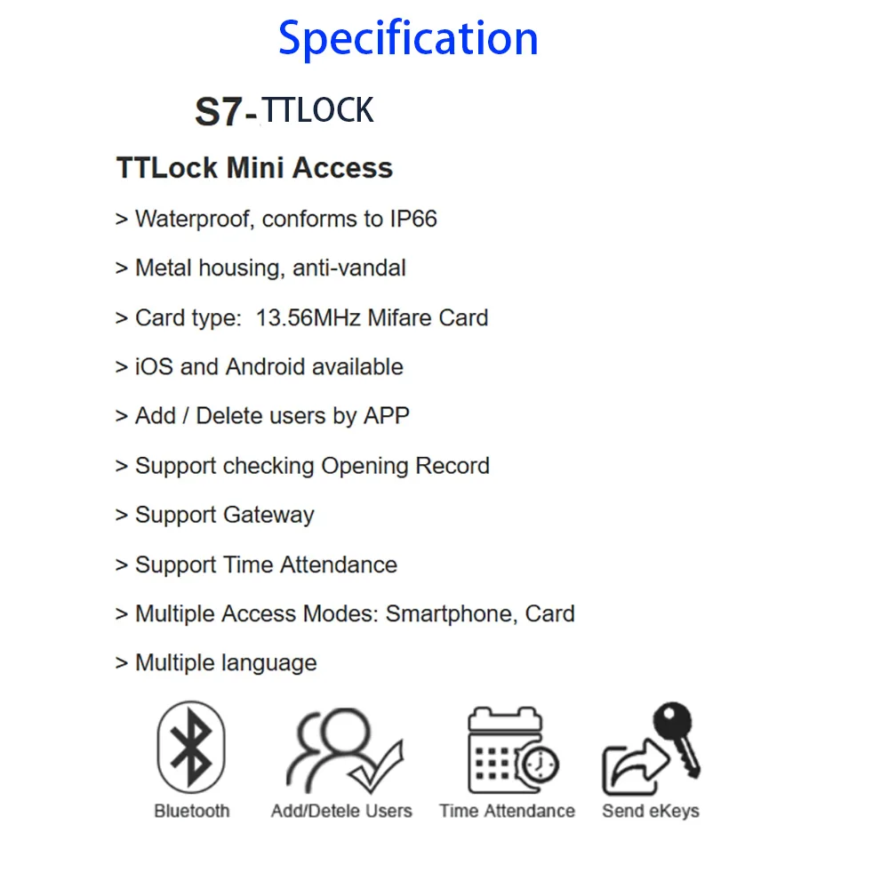 TTLock BT Mini Access Control 13.56Mhz RFID Reader S7 Door Lock Card Reader Keypad Metal IP66 Waterproof Metal Time Attendance