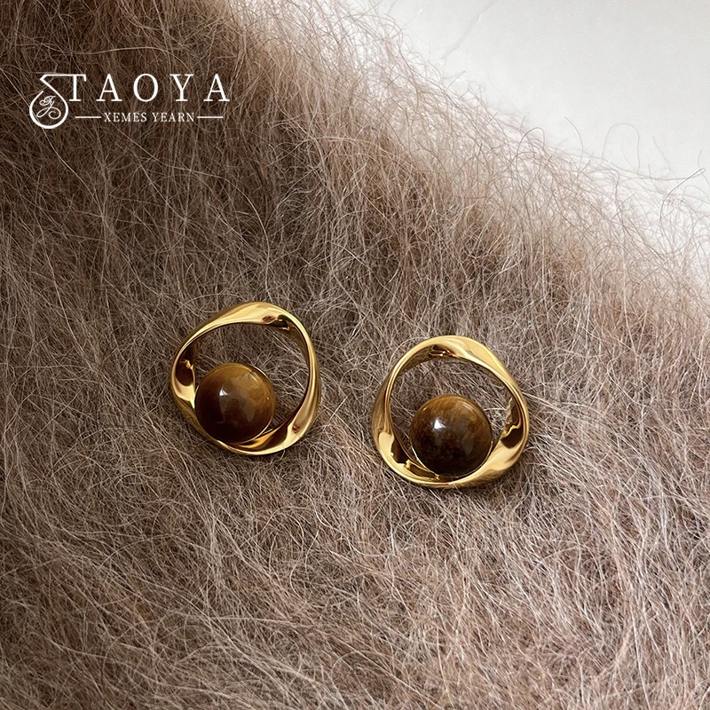 Mirad Tiger Eye Stone Geometric Hollow Metal Gold Color Stud Earrings 2025 New Jewelry Versatile Accessories for Women and Girls