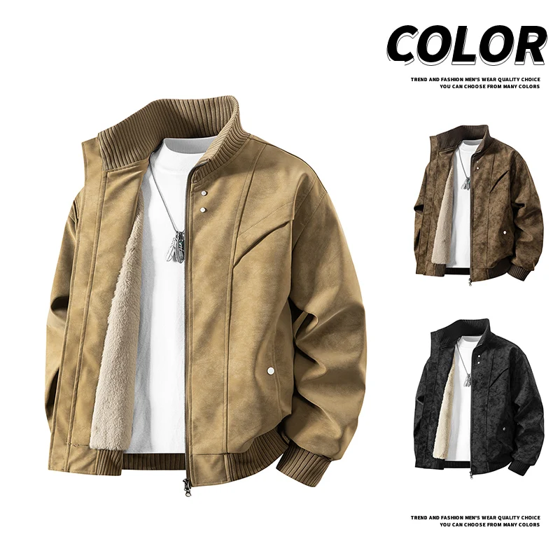 

The 2026 autumn/winter new fleece and cotton work jacket for men with a lapel, fashionable fleece, warm, thick and windproof