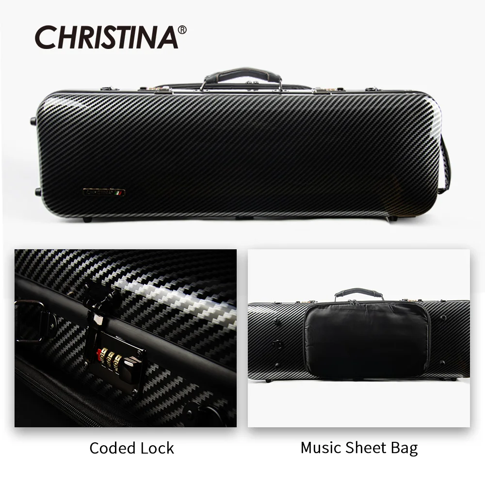 

CHRISTINA Violin Case Carbon Fiber NEW Style Black Stripes 4/4 Size Waterproof with Sheet Music Bag Code Lock Extra Bag (BV01BS)