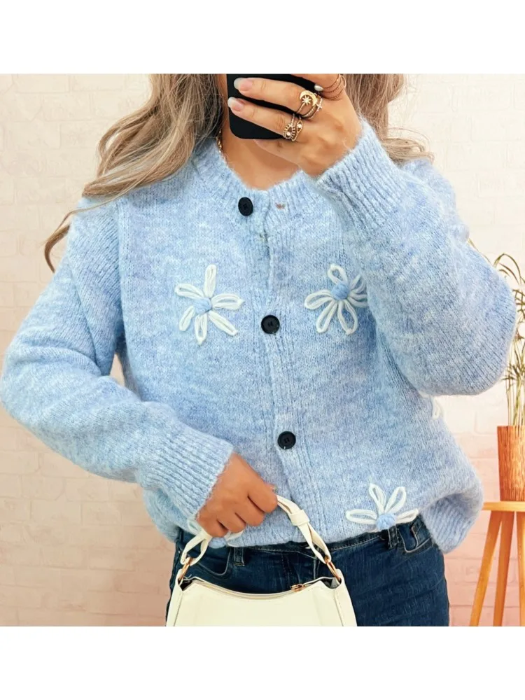 여성용 새로운 스티치 플라워 니트 카디건 탑 가을, 겨울 라운드 넥 게으른 스타일 시크 캐주얼 루즈 긴팔 스웨터