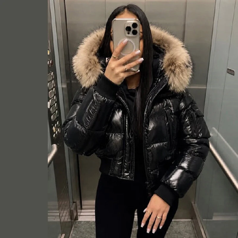 Women Shiny Glossy Cropped Puffer Jacket Large Faux Fur Trim Hood Zip Up Rib Cuff Short Warm Cozy Padded Bubble Coat Streetwear