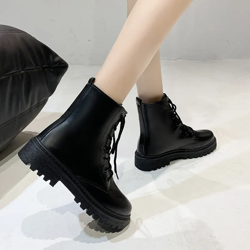 New Platform Shoes Women Boots Round Toe Zipper Spring Autumn Fashion Ankle Female Black Lace-up Boots for Women Shoes Large S