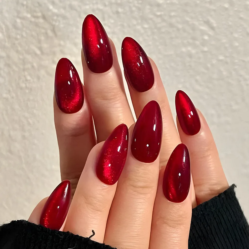 24pcs Glossy Red Cat's Eye Press On Nails Full Cover Nude Color Wearable Almond False Nails Charms Detachable Fake Nail For Girl