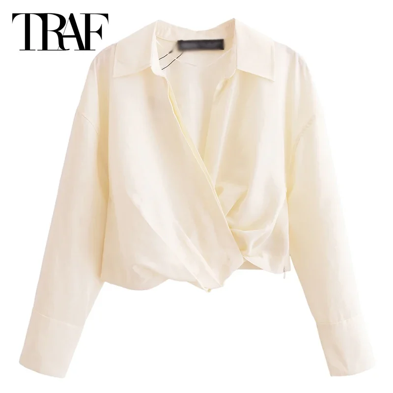 TRAF Women Shirts Spring 2024 Knot Crop Blouse Lapel Collar Long Sleeve Top All-Match High Street Blouse Elegant Luxury Shirts