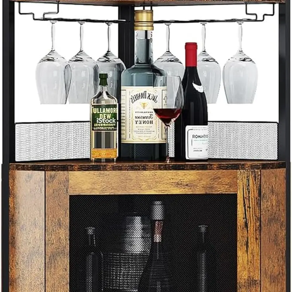 5-Tier Rustic Brown Farmhouse Wine Cabinet with Glass Rack and Barn Door for Home Bar Storage