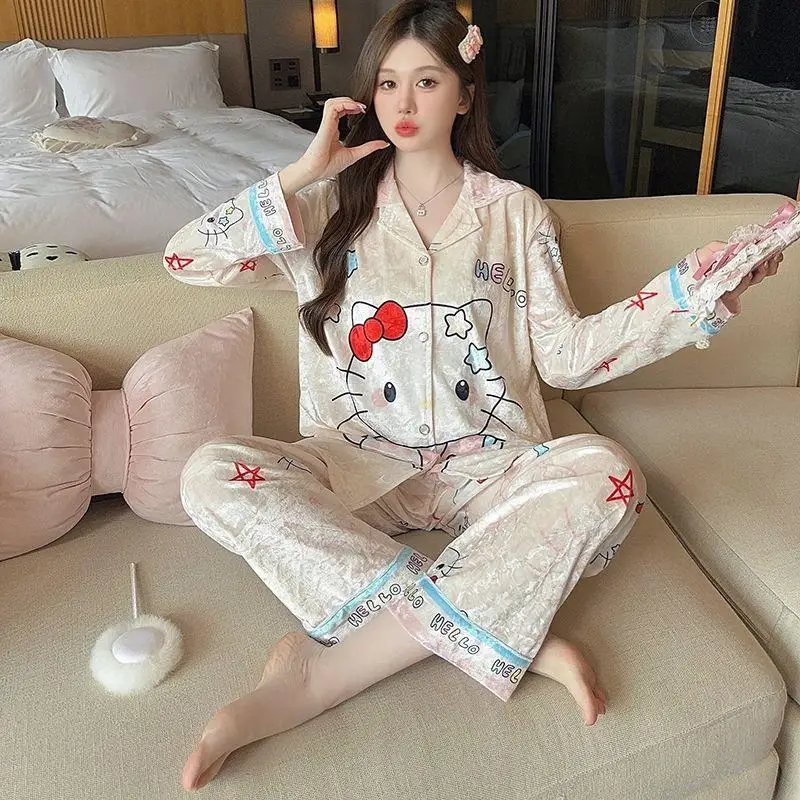 

Горячий золотой бархатный зимний пижамный комплект Sanrio Girl Kawaii Hello Kitty Comic, сохраняющий тепло, комплект одежды для отдыха на открытом воздухе