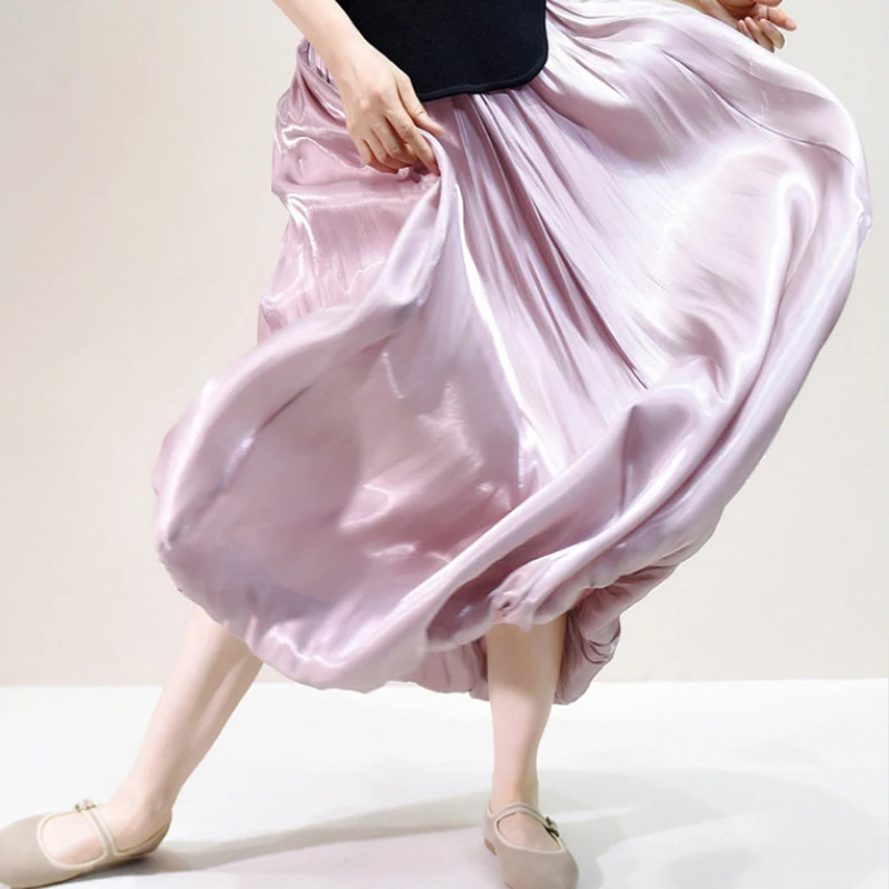 Women Summer Glossy Satin Elegant Skirt Shiny Metallic Fashion High Waist  A-line Long Skirts French Pleating Bud Skirts