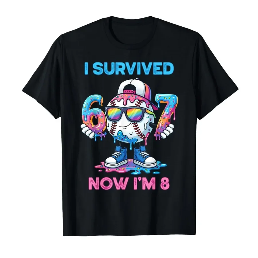 I Survived 67 Now I'm 8 Years Old Baseball Boys Sport Kids T-shirt For Men Women 100% Cotton T Shirts Short Sleeve Tops 0410-2