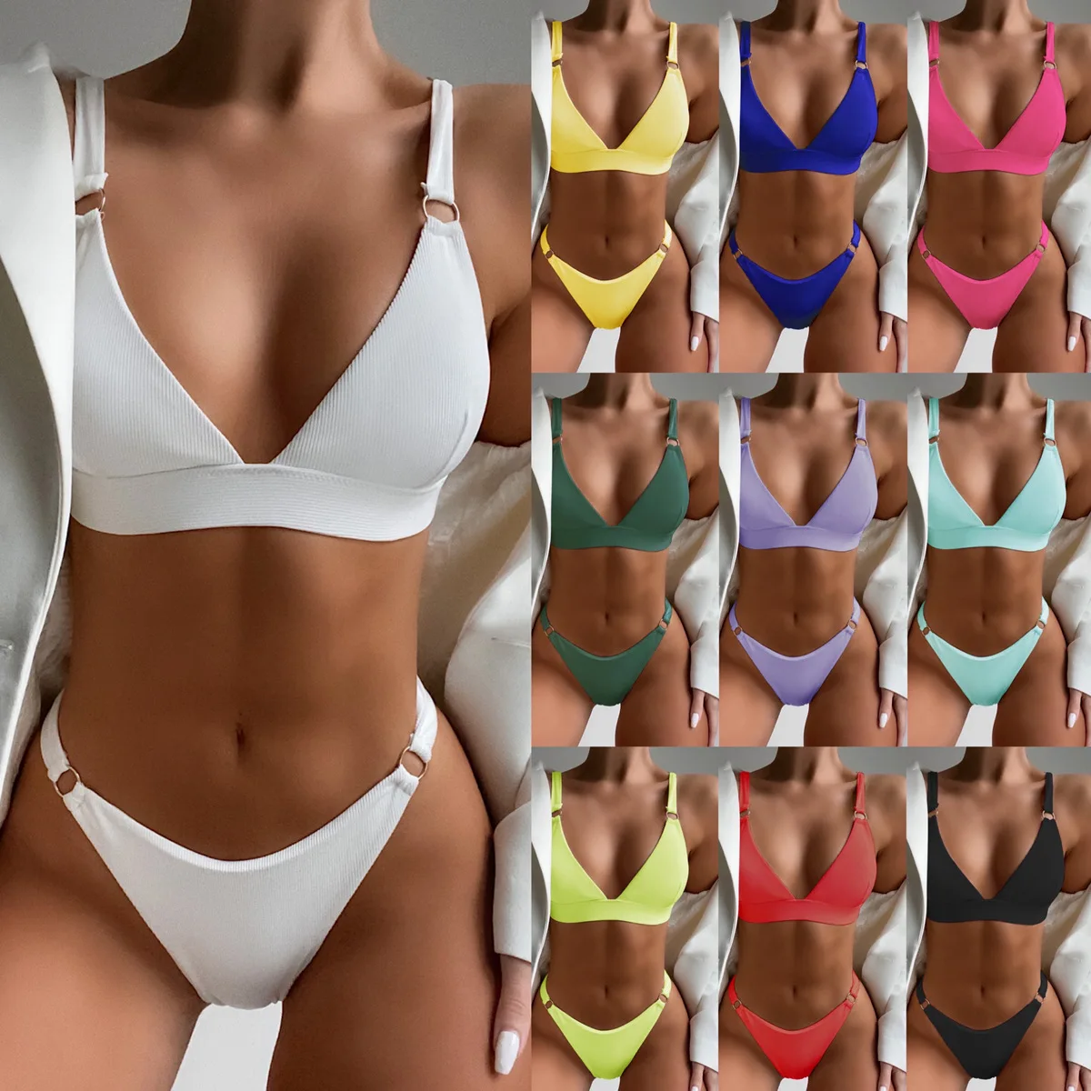 

New Small Pit Strip Bikini Solid Color Small Circle Swimsuit Triangle Swimsuit