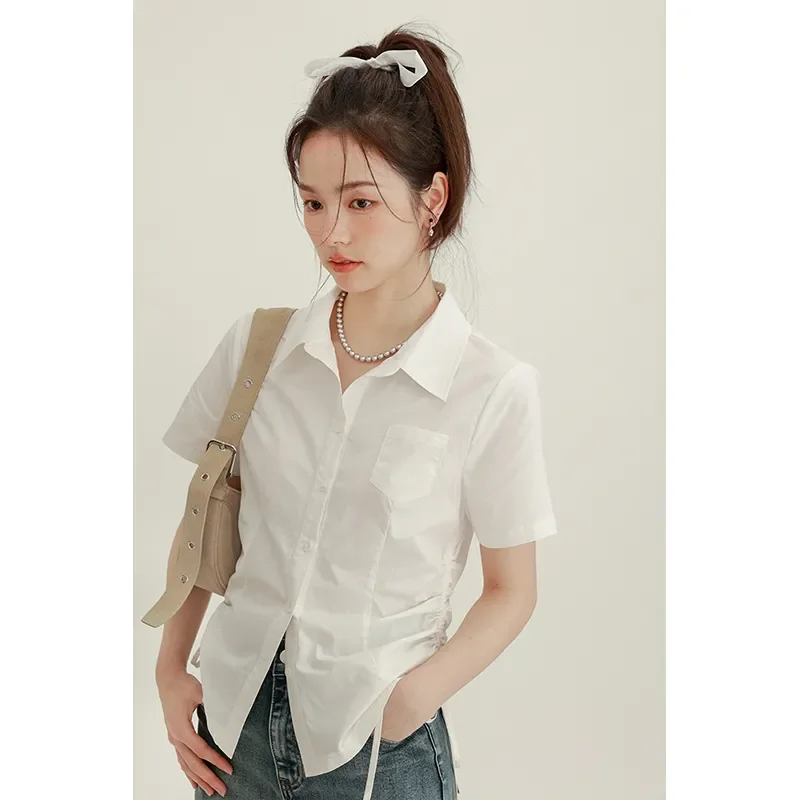 

Women's New Spliced POLO Collar Button Fashion Solid Color Versatile Casual Side Waist Drawstring Design Short-sleeved Shirt