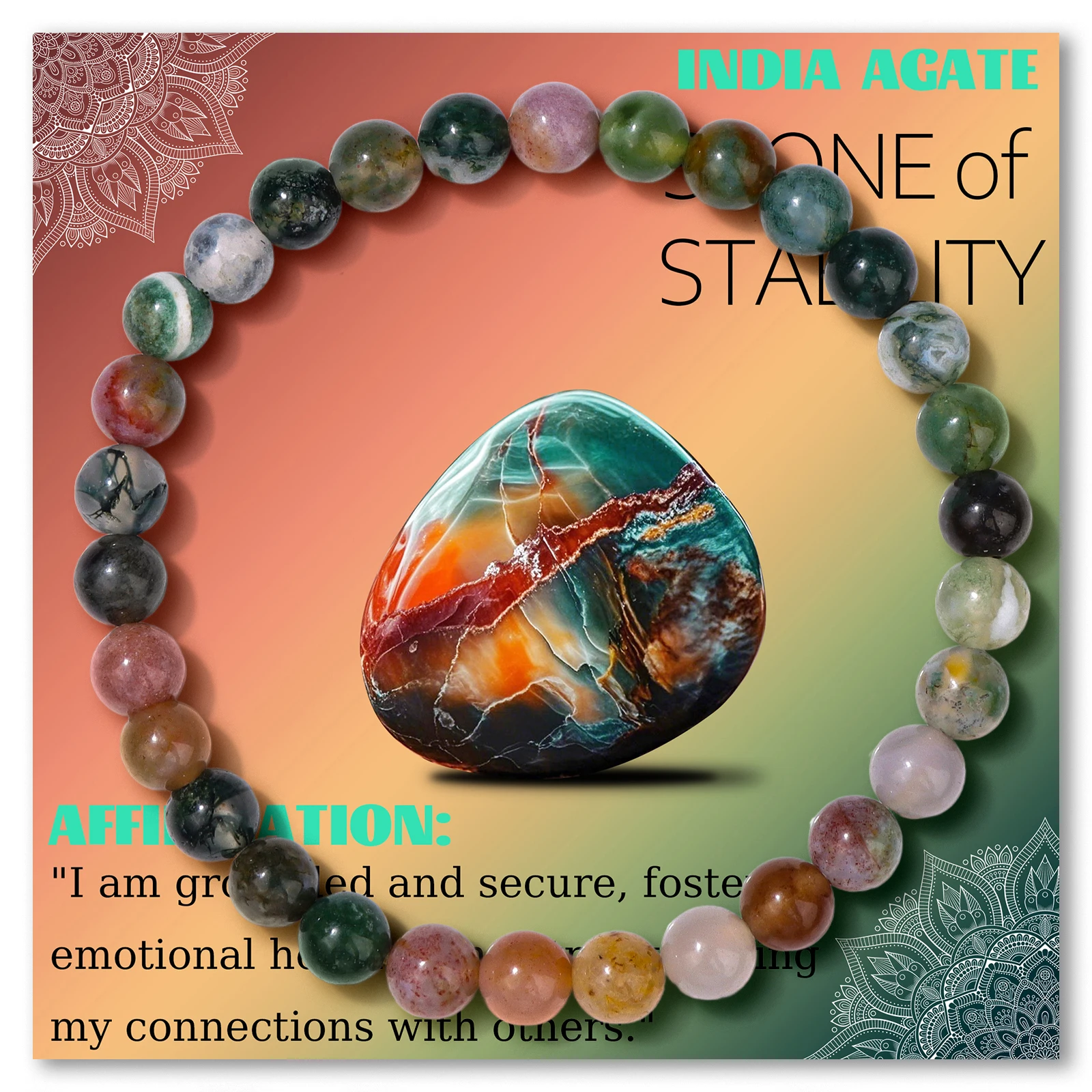 Natural Indian Agates Stone Bracelet 4 6 8mm Polished Round Beaded Bracelets for Women Men Stretch Bracelet with Card Bangle