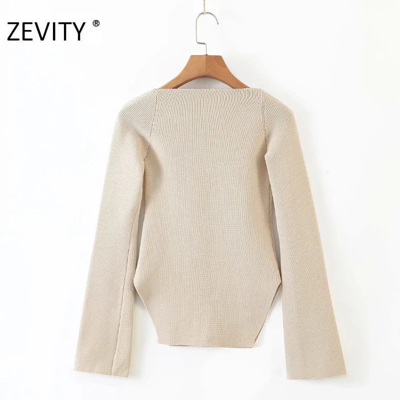 ZEVITY NEW women sexy square collar solid knitting casual slim sweater female long sleeve side split pullover sweater tops S385