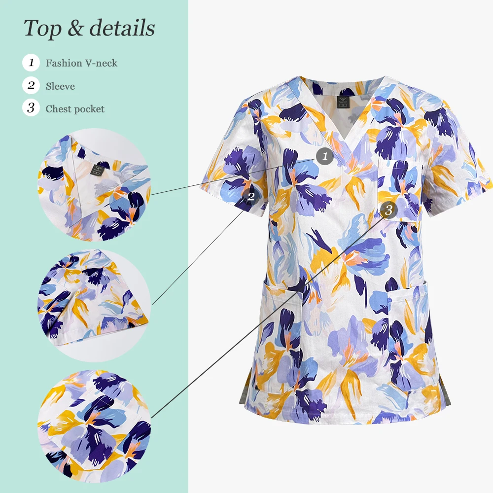 Scrubs Medizinische Uniformen für Damen, 100 % Baumwolle, Blumendruck, kurzärmeliges Oberteil, gerade Hosen, Set, Krankenschwester, Arzt, Arbeitskleidung, Spa-Uniform