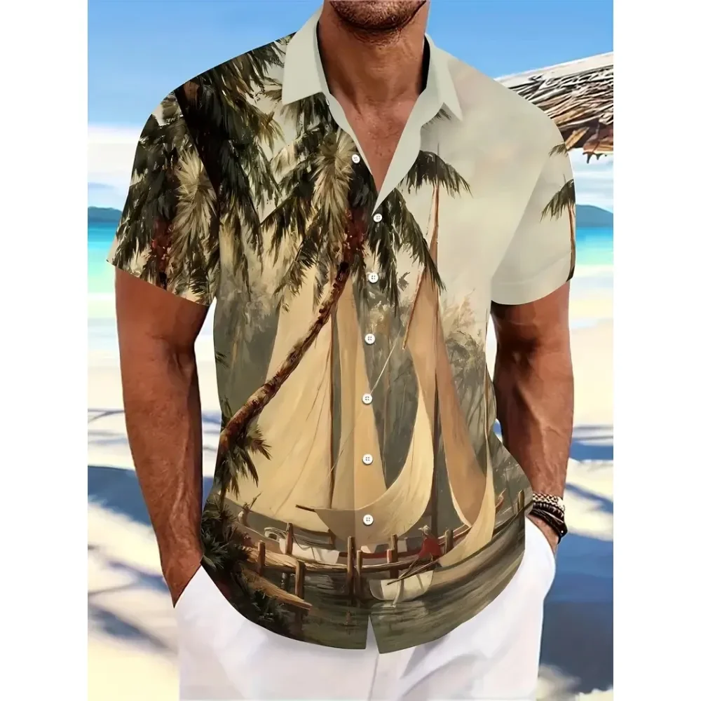 Men Hawaiian Shirt Tropical Palm Flower 3D Print Casual Shirts Outdoor Fashion Short Sleeve Beach Oversized Loose Men Clothing