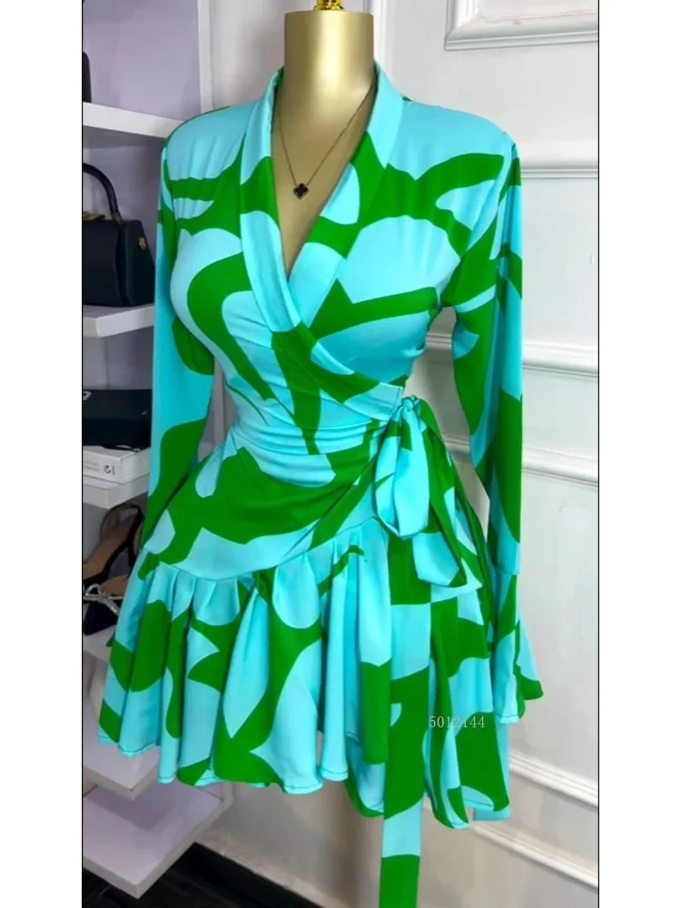 Elegante feminino tie dye print alargamento manga longa envoltório com decote em v com faixas plissado vestido 2026 elegante festa de férias vestidos de aniversário