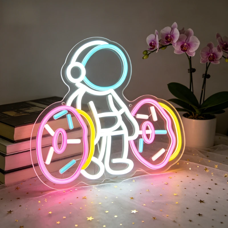 led-ネオンサイン宇宙飛行士とドーナツカラフルなクリエイティブナイトライト家の装飾寝室リビングルームパーティー装飾ユニークなギフト
