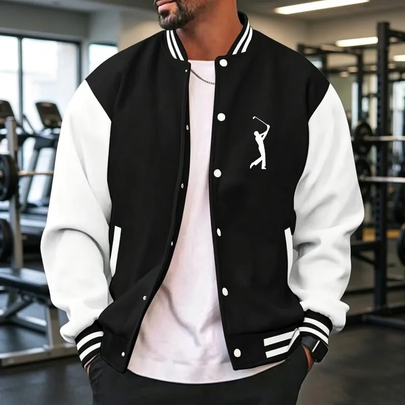 Men Spring Autumn Winter  Spliced Sleeve Ribbed Cuff Button Golf Player Print Loose Varsity Coat S-3XL Gym Street
