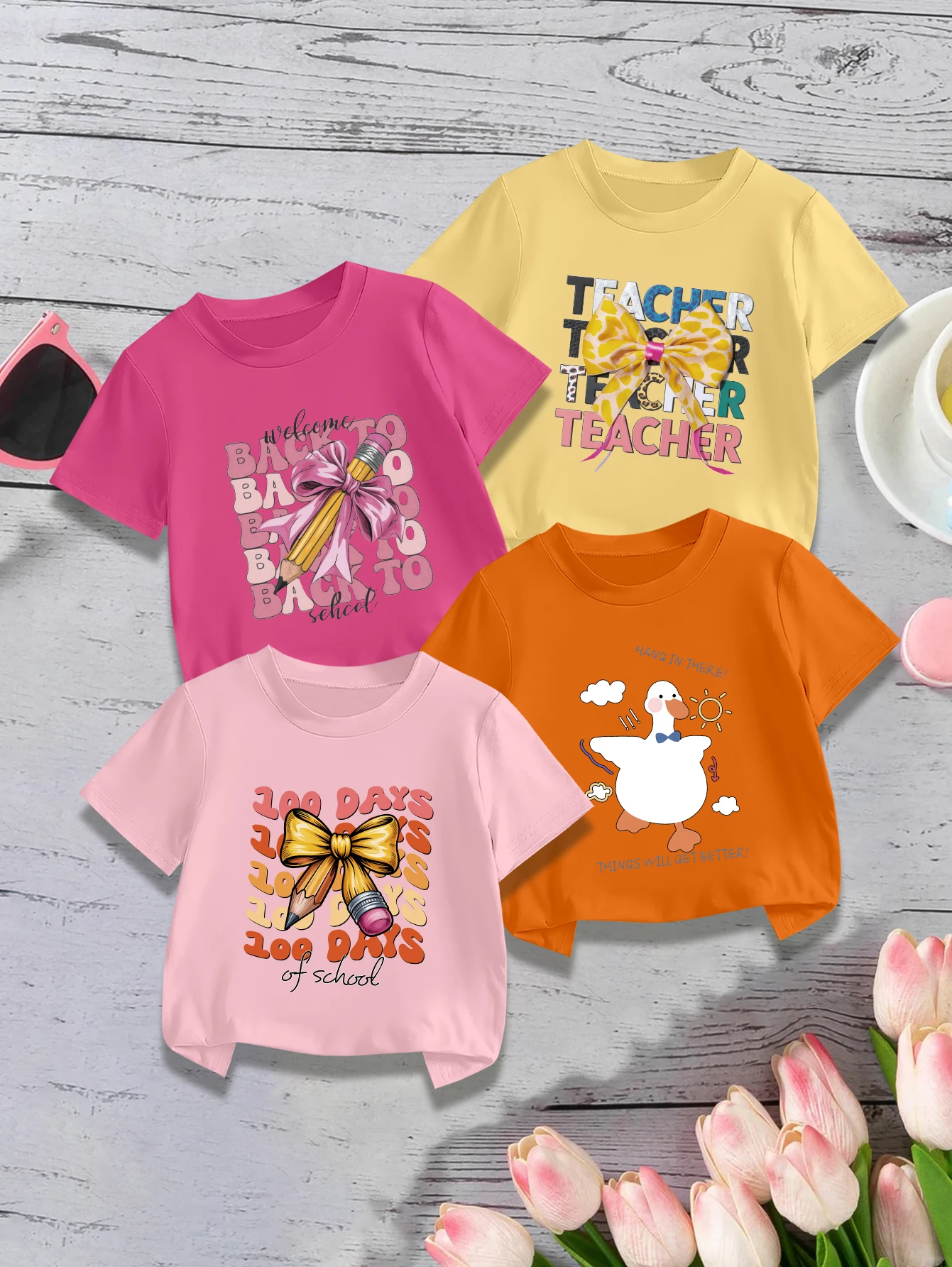 

4 предмета: летние милые футболки для девочек к началу учебного года с мультяшным принтом в виде карандаша и английской гуси.