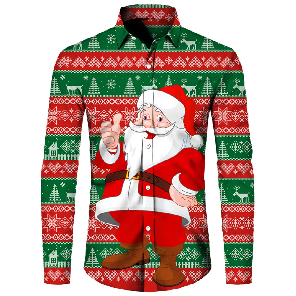 New 2024 Street Party Social Christmas Shirt 2024 men\'s Printed Shirt Plus Size Comfortable high-end Shirt Classic Santa Claus