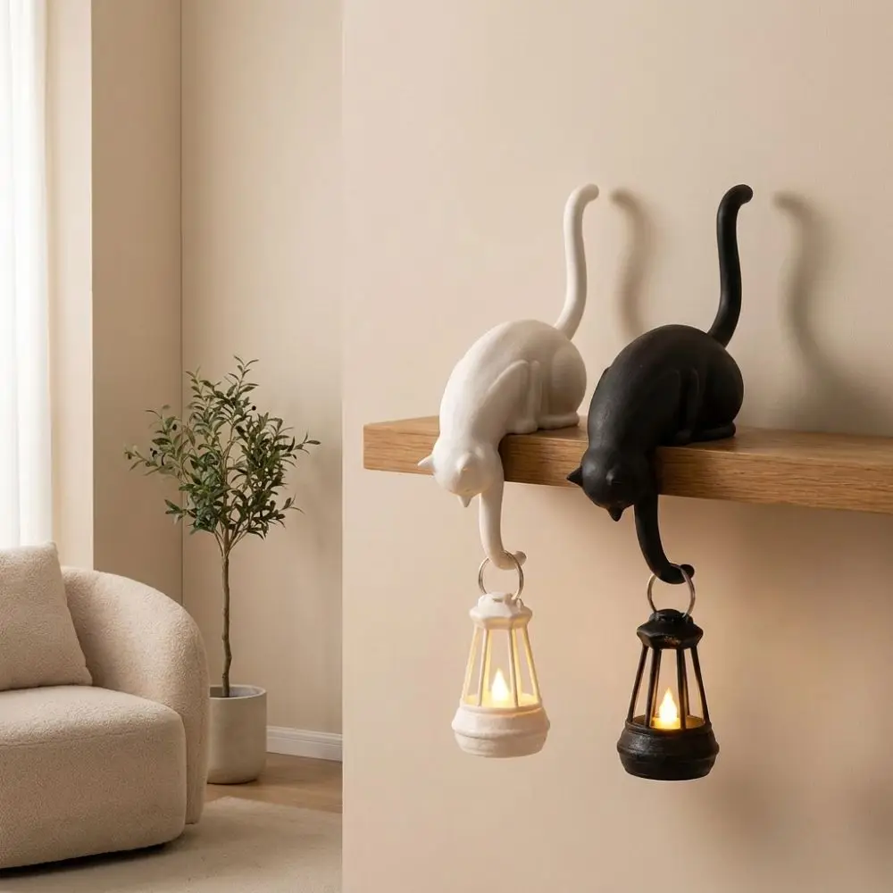 3D Printed Cat Wall Hook Light Cute Figurine with Lantern Cat Decor Lamp Inverted Cat Vintage Style Cat Shaped Hook Home Decor