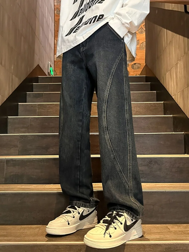 

Американские ретро-джинсы для мужчин: высокая талия, широкие прямые штанины, свободный крой, с элементами пэчворка, осенняя новинка, молодежные, износостойкие