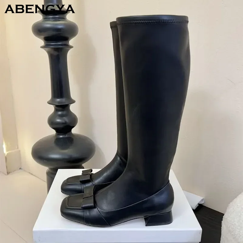 

Designer Black Leather Knee High Boot Women Bow Knot Chunky Square Heel Long Boots Winter Casual Party Elastic Thigh Boots Women