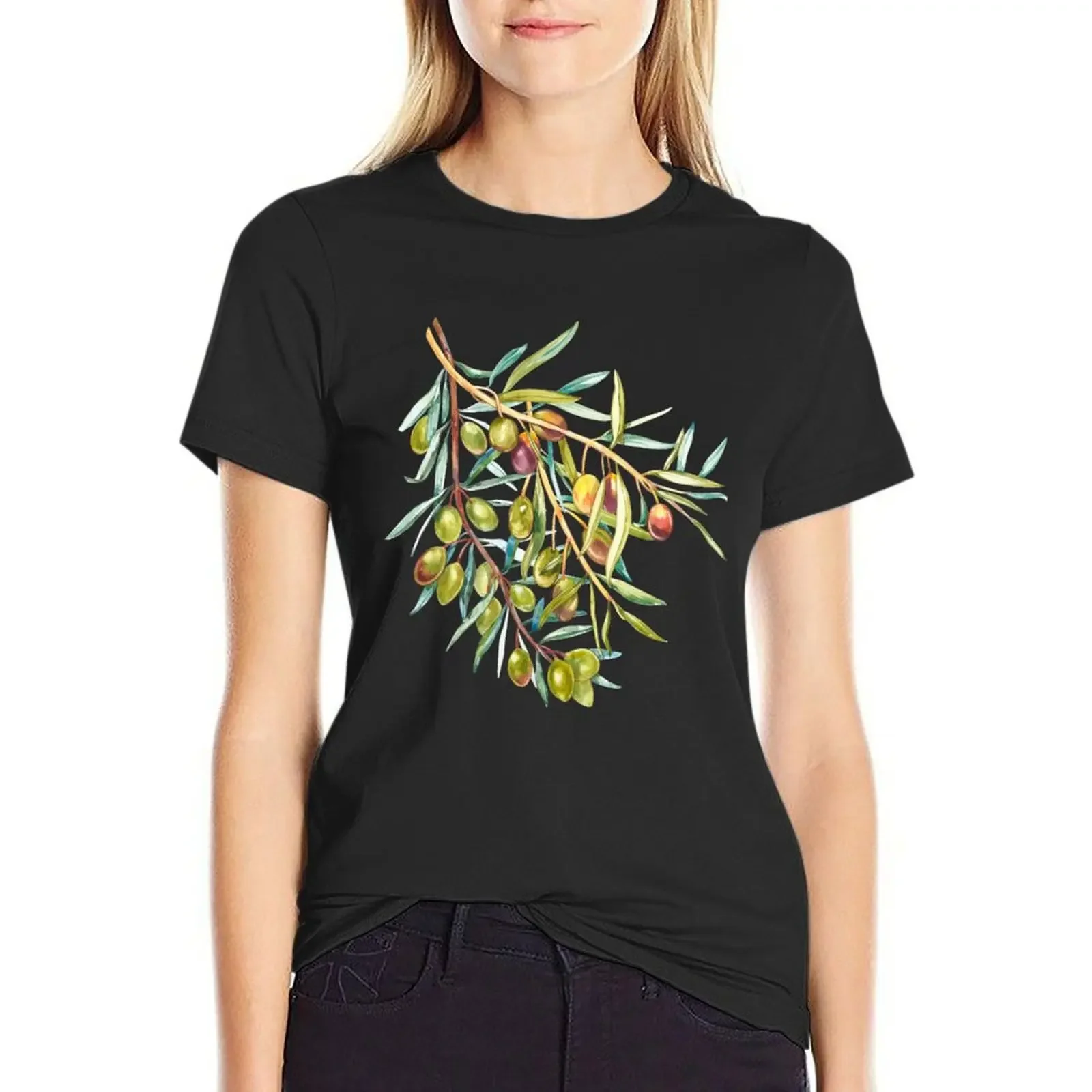

Green olives branch T-Shirt korean fashion vintage clothes tops shirts graphic tees white t-shirt dress for Women sexy