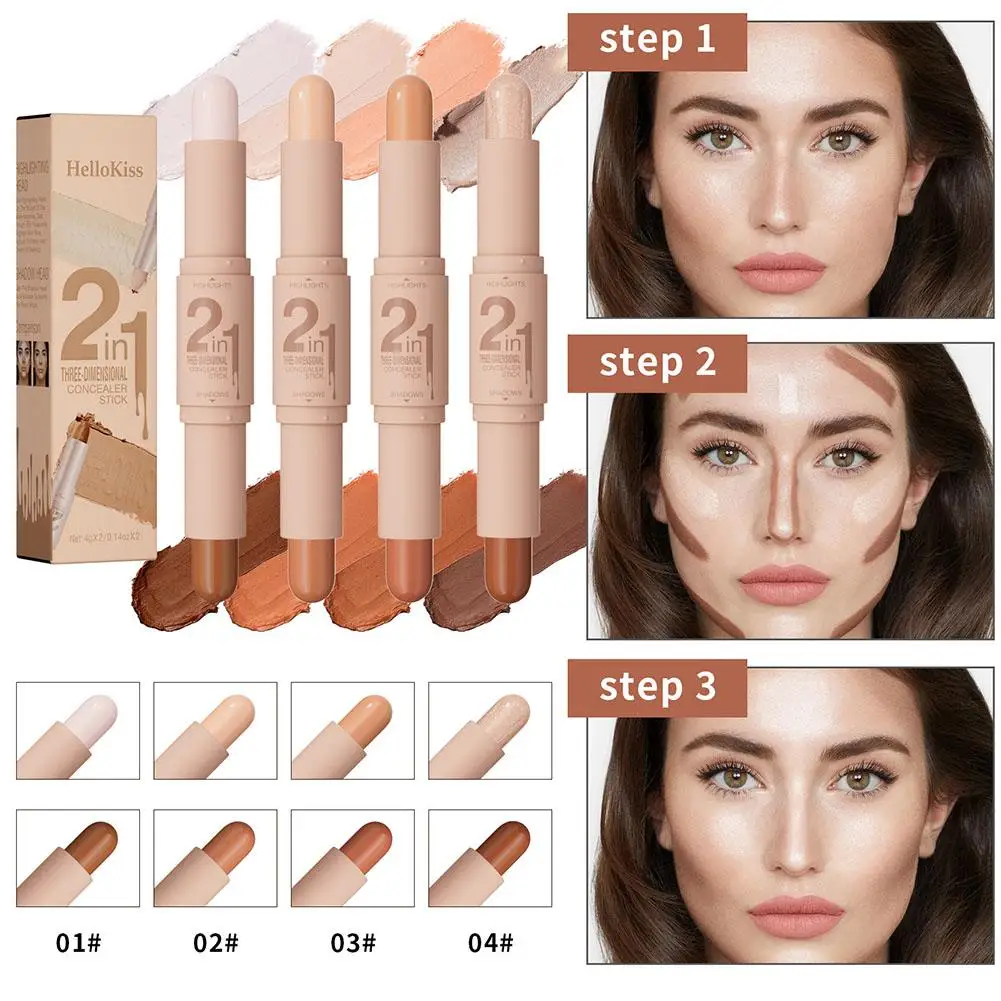 Bâton de contour de maquillage pour le visage, stylo en bronze de surbrillance, crayon correcteur, cosmétiques de maquillage, fond de teint contour, 2 en 1, X9o3